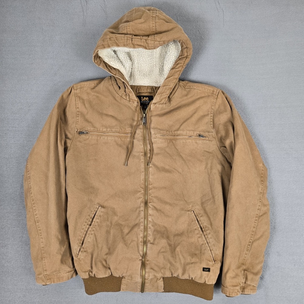 Lee Premium Jacket Mens Medium Brown Duck Canvas Sherpa Workwear Chore Hooded